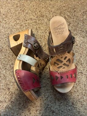 Dansko Multicolor Leather Clog Sandals - Red, Brown, Tan, Cream